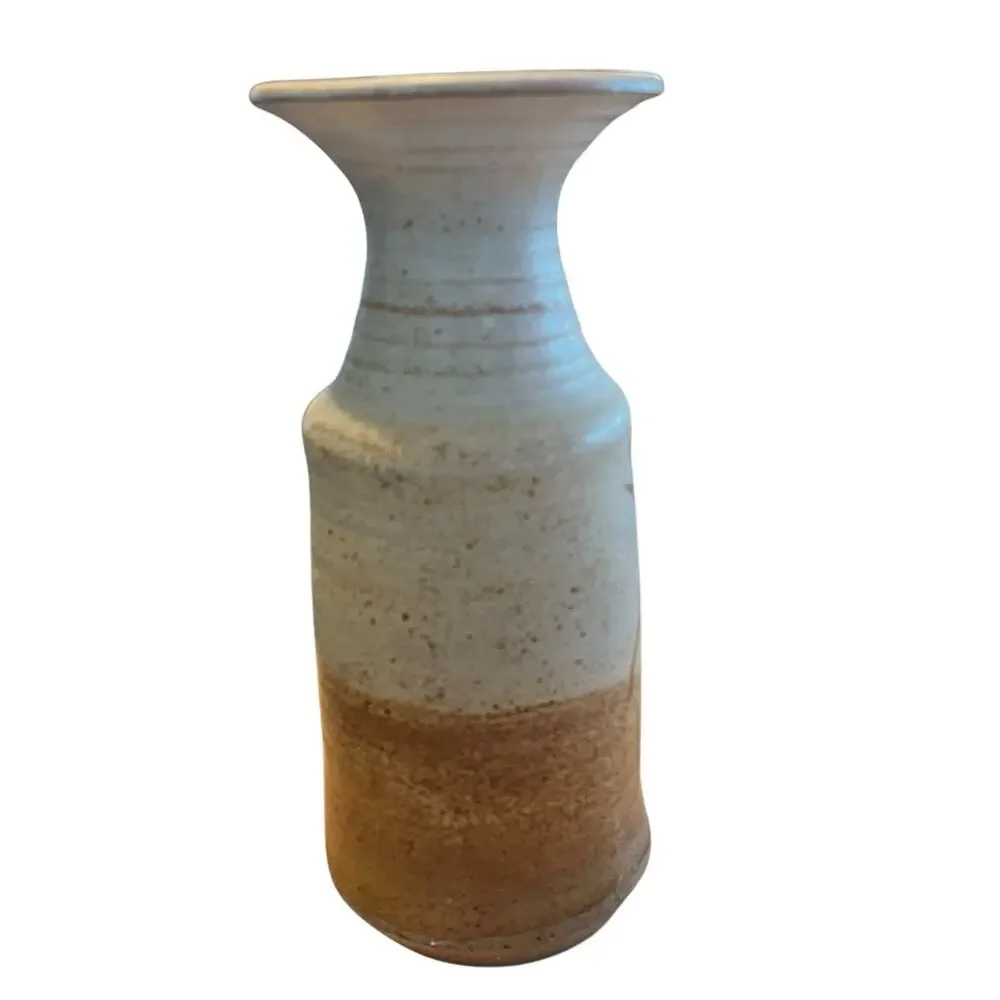 Rustic Zen Vase 1970s Studio Pottery Stoneware Botanical Tan Cream Retro Signed - Picture 5 of 14